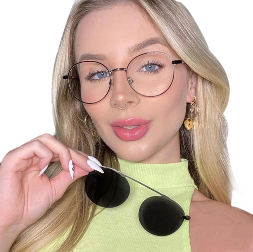 Armação E Óculos Solar P/ Grau Oval Clipon Feminino Mascuino Cor Dourado Claro