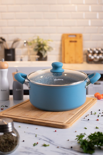 Cacerola Aluminio Forjado Granito Azul Tapa De Cristal 24 Cm
