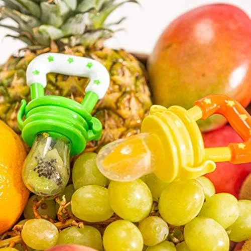  Chupete alimentador de frutas para bebés - Comedero de  alimentos - Chupete alimentador de frutas con pezones de silicona en 3  tamaños incluidos. : Bebés
