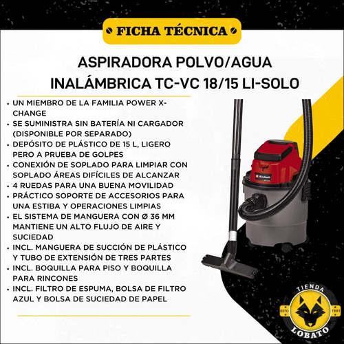 Imagen 6 de 10 de Aspiradora Inalámbrica Einhell Tc-vc 18/15 Li + Starter Kit