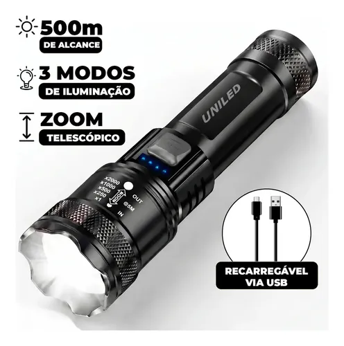 Lanterna Militar Tatica LED Mais Forte do Mundo 1000m Potente Zoom Telescópico Alto Brilho Resistente Agua Sitio Fazenda UNILED
