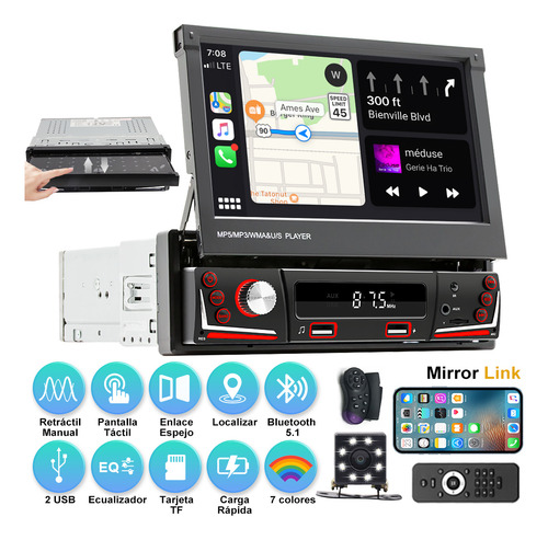Autoestéreo Táctil Retráctil De Pantalla 7 Pulgadas Mirrorlink Bluetooth Usb Audio Vehiculos Estereo Para Autos 1 Din Cámara Negro 9606