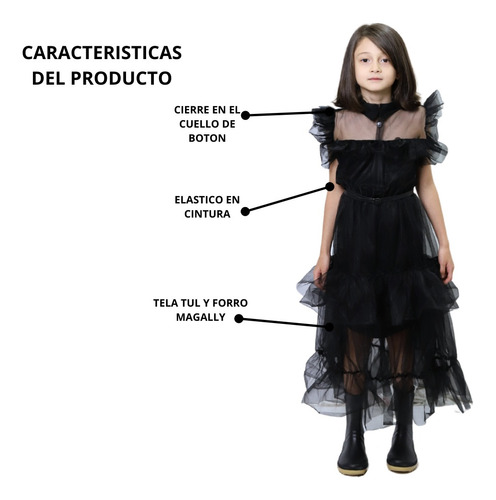 Imagen 4 de 9 de Disfraz Vestido Merlina Addams Noche De Baile Los Locos Addams Infantil Niña