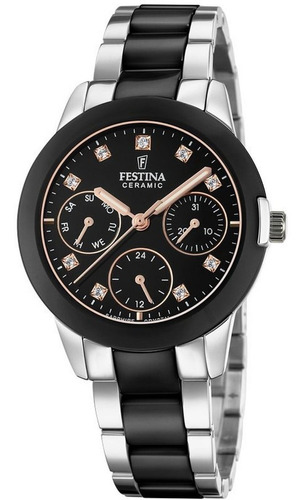 Reloj Festina F20497.3 Para Mujer Ceramic Analogico Cuarzo Malla Plateado y Ceramica Negro Bisel Negro Fondo Negro