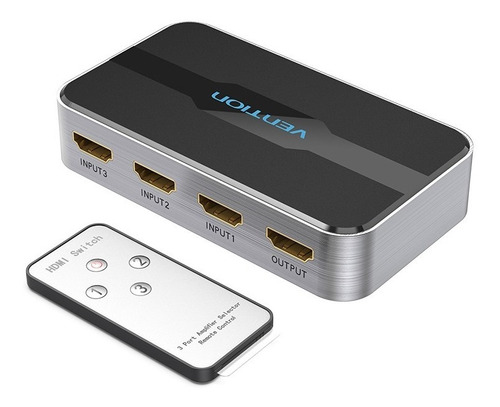 Switch 3x1 HDMI Vention - 3 entradas 1 Salida - 4K 30Hz HDR - Activo con Fuente de Alimentación + Control Remoto - Carcasa de Aluminio - Para Tv / PC / Consola / Proyector - AFFH0