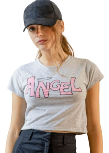 Remera Crop Top- Con Estampa Angel -algodón Pima- Moda Mujer