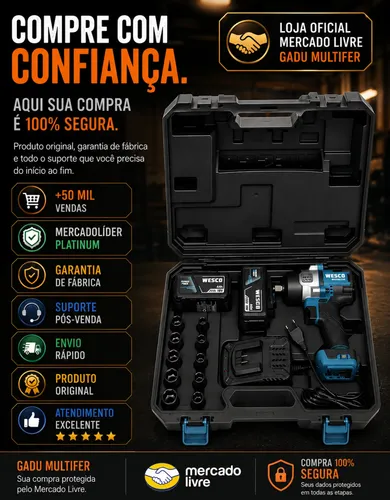 Chave De Impacto 700nm Wesco + 2 Bateria 4ah Carreg Soquetes