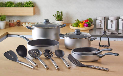 Imagen 3 de 4 de Batería Cocina 14 Piezas Ilko Silver Industial Antiadherente