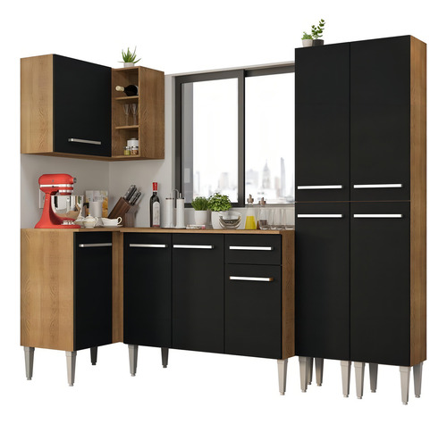 Cozinha Completa D Canto Emilly Music Madesa Balcão Paneleir Cor Rustic/Preto