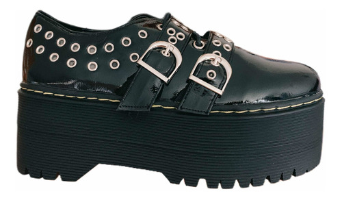 Zapato Charol Botín Negro Con Plataforma Moda Diseño Juvenil
