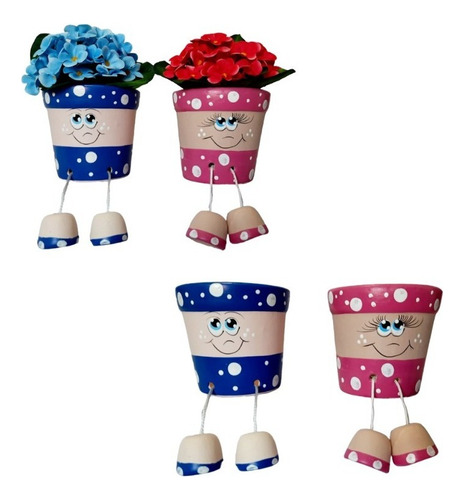 Vasos Cachepots Casal Em Cerâmica Para Decoração 2 Peças Cor Rosa E Azul