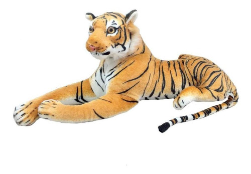 Tigre de peluche realista acostado de 70 cm de largo.