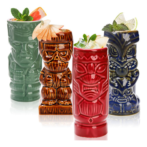 Lyellfe Juego De 4 Vasos Tiki De Ceramica, Tazas Tiki Grande