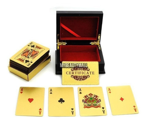 Alta Calidad 24k Hoja De Oro Poker Naipes Caja Madera W Cert