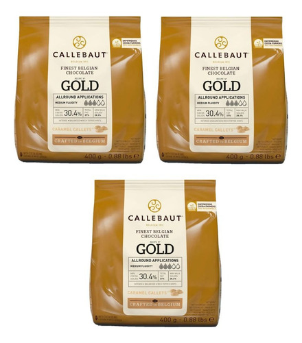 Kit C/ 3 Chocolate Belga Gold  30,4% Caramelo Callebaut 400g