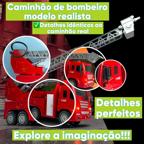 Carrinho Controle Remoto Bombeiro Caminhão Recarregável Luz Cor Vermelho Personagem bombeiro com escada
