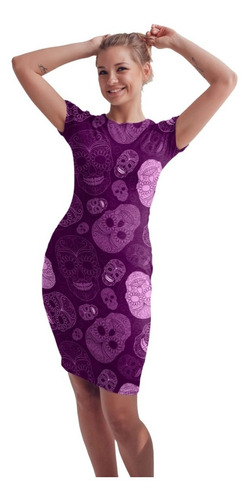 Vestido Corto Sublimado Calaveras Morado Adornada