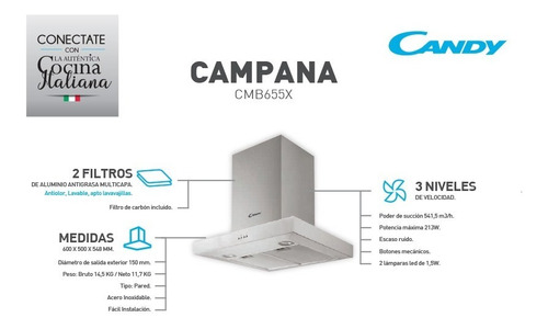 Imagen 2 de 5 de Campana Candy Cmb655x 213 W 3 Velocidades 2 Filtros Lavables