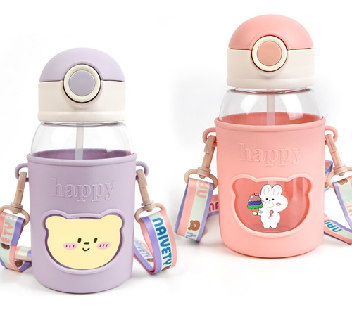 Botella De Agua Portátil Kawaii,con Correa Y Funda,2 Piezas