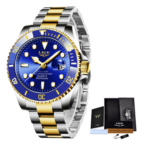Reloj pulsera Lige LG10045 con correa de acero inoxidable color plateado/dorado - fondo azul - bisel azul/dorado