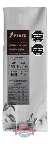 Cacao En Polvo Natural Amargo Fenix 1kg. 54/1 16%