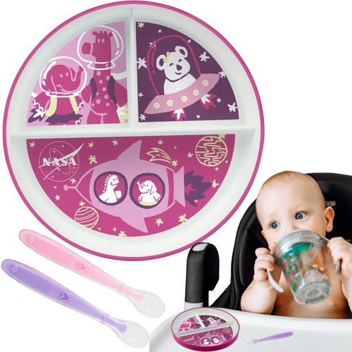 Imagem 1 de 6 de Kit Alimentação Bebê Prato Com Divisória E Colheres Silicone