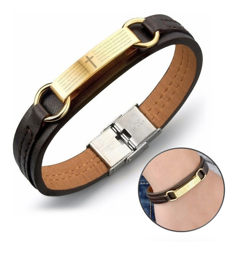 Pulseira Masculina Couro Legítimo Oração Pai Nosso Folheada 