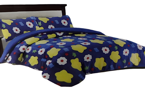 Plumon De Invierno 1.5 Plaza Plush Con Chiporro Azul Flor Fy