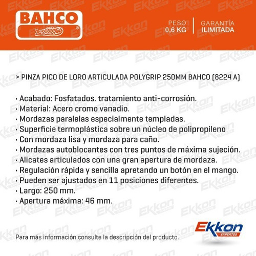 Pinza Pico De Loro Bahco 250mm Ajustable Polygrip 8224 A