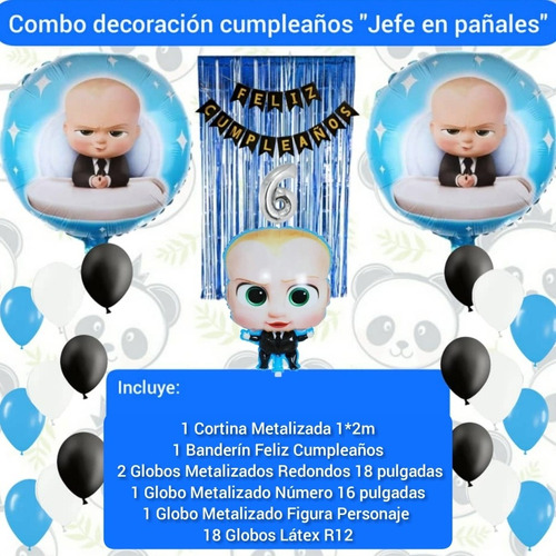 Combo Decoración Cumpleaños Globos Cortina Jefe En Pañales