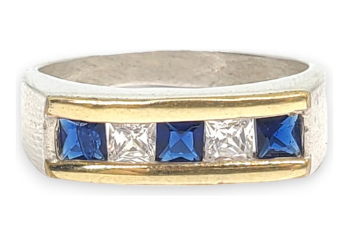 Anillo Plata Y Oro Con Piedra Azul Y Blanco