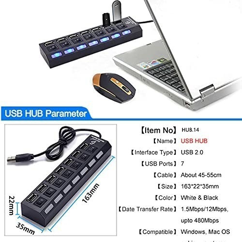 Hub Usb 2.0 De 7 Puertos Con Switchs Para Pc Laptop Windows