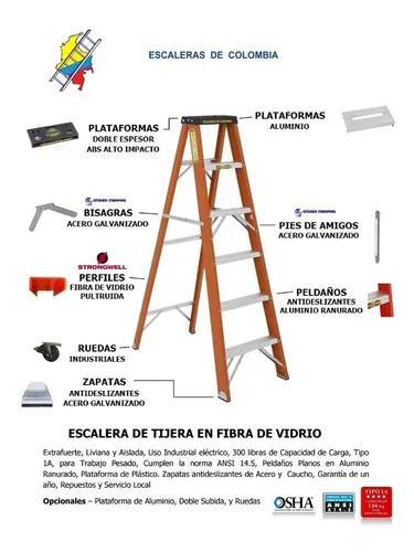 Escalera Fibra Vidrio Tijera 3 Pasos / 0.9 Mts 136 Kg