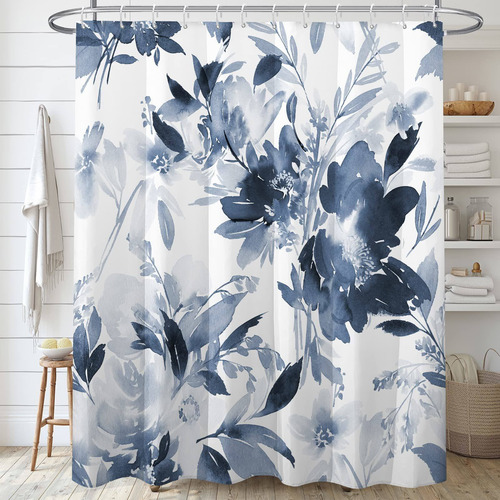 Decoreagy Juego Cortina Ducha Floral Azul Baño Acuarela Tela