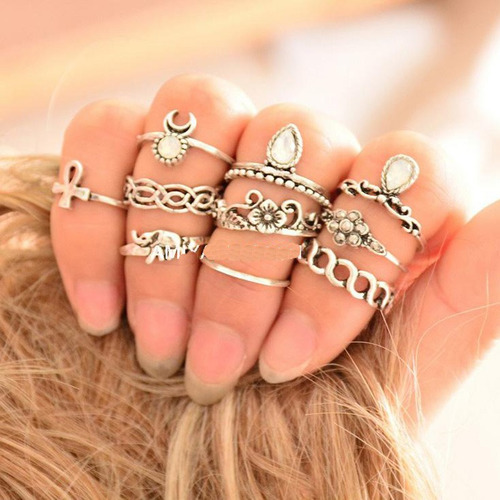 Juego De 10 Anillos Midi De Aleación De Plata.