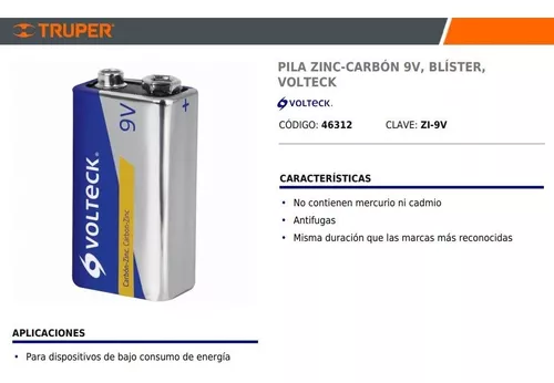 Pila zinc-carbón 9 V en blíster, Volteck, Pilas Zinc-Carbón, 46312