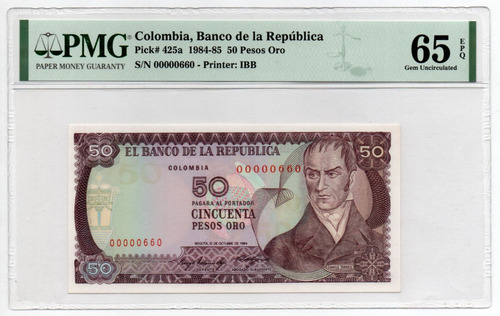 Billete Colombia 50 Pesos 12 Octubre 1984 Número Bajo