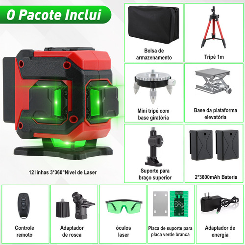 Dobevi 12 Linhas Nível A Laser Verde, 3*360° Nível Laser Autonivelante , Ip54 Com Linhas Verticais E Horizontais, Nível De Laser Linha Cruzada Com 2*3600mah Baterias Grandes,suporte Magnético, Tripé