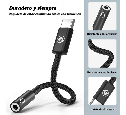 Adaptador Audio Usb C A Audifonos 3.5 Mm, Techwolf Cable De Audio Tipo C A 3,5 Mm Chip Dac Convertidor De Auriculares Auxiliar Tipo C De 3,5mm Color Negro