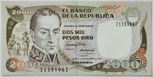 Billete 2000 Pesos 17/dic/1990 Colombia Unc