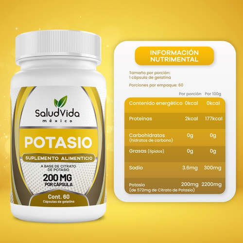 Imagen 2 de 3 de Citrato De Potasio 60 Cápsulas Saludvida Suplementos