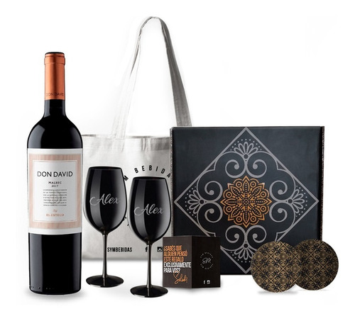 Box Vino Don David 2 Copas Negras Grabadas Estuche Regalo