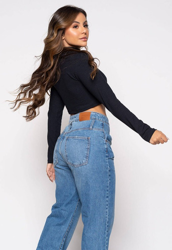 Imagem 6 de 10 de Camiseta Manga Longa Gola Alta Cropped Canelado Feminino