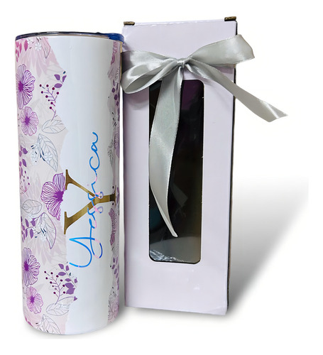 Termo De 600 Ml, Flores Vintage, Personalizado Con Nombre Color Rosa Claro