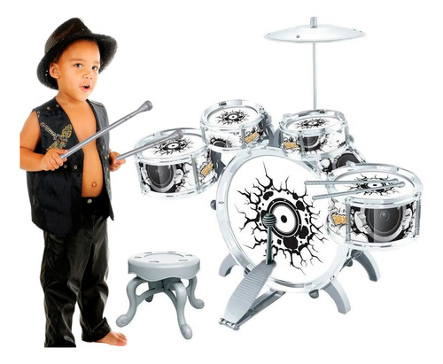 Bateria Infantil Rock Party Com Banquinho Banqueta Meninos