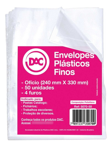 Saco Plastico Envelope 24x33 0,06 A4 Ofício 4furos 50un Fino