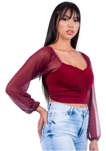 Blusa Feminina Blusinha Cropped Manga Longa Tule 