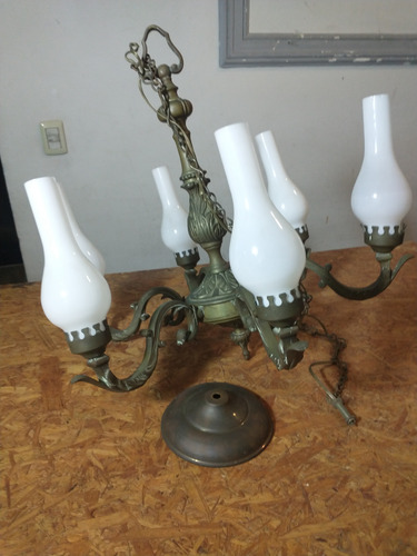 Araña Antigua De Bronce Macizo 6 Luces Con Tulipas. (Usado)