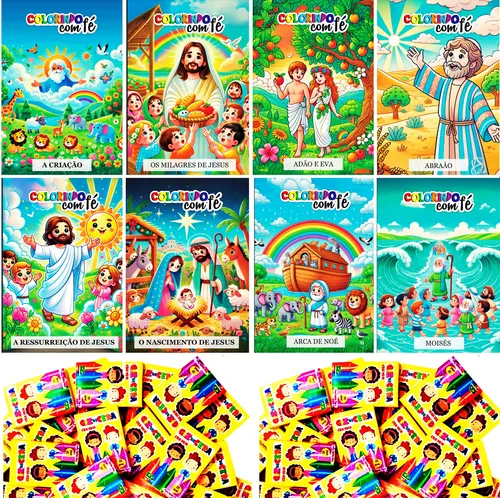 comprar 100 Revistas Livrinhos Colorir Bíblico + 100 Cxs Giz De Cera