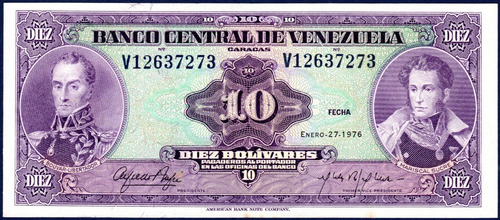 10 Bolívares V8 Enero 27 1976 Simón Bolívar Y A. J. De Sucre